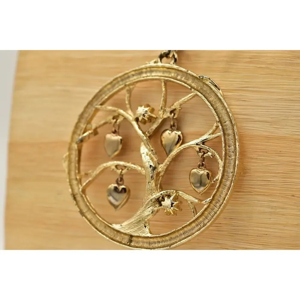Vintage Tree Heart Pendant Necklace Pearl Charm Gold Tone Chunky 1970s BinBL